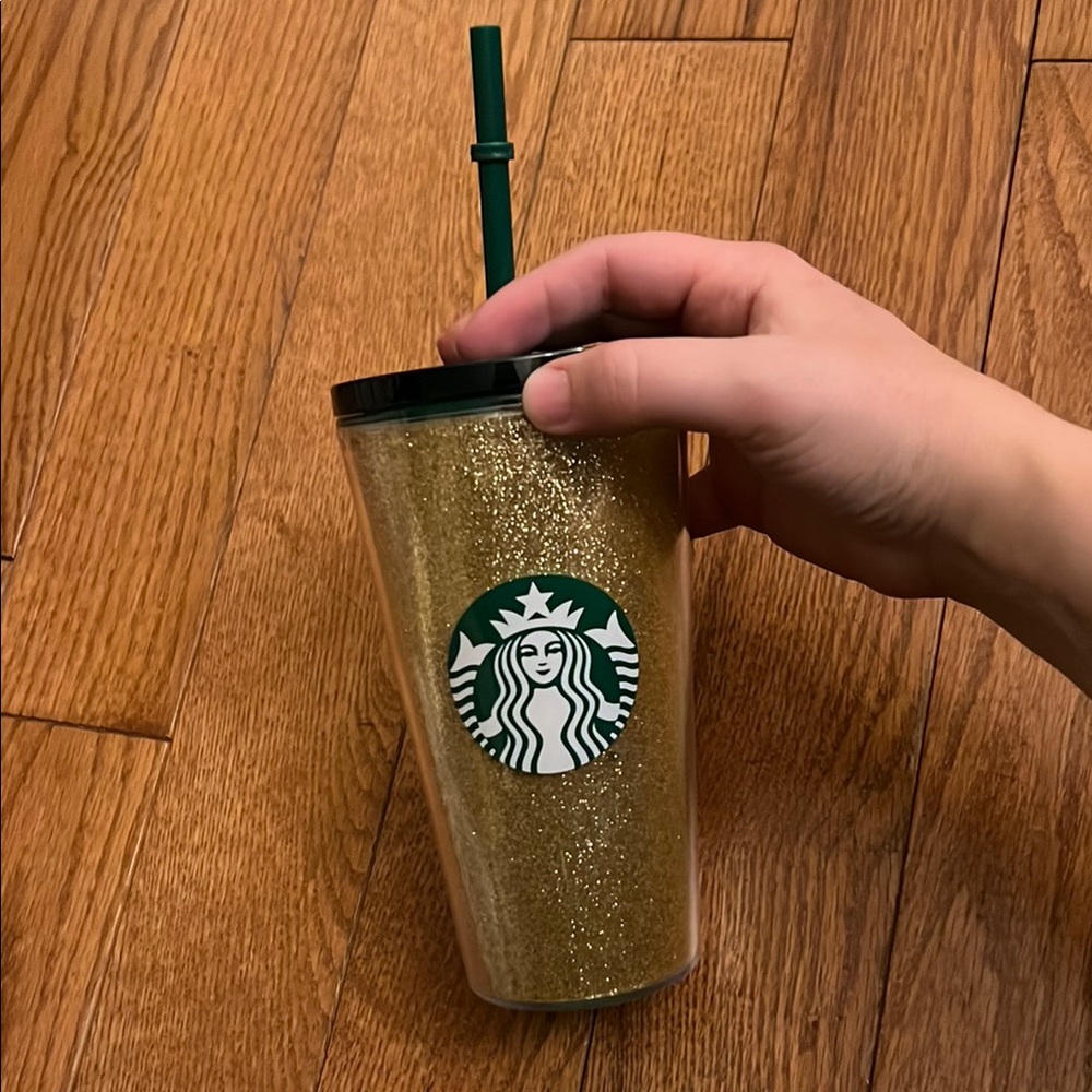 Starbucks Gold Glitter Tumbler with Green Straw